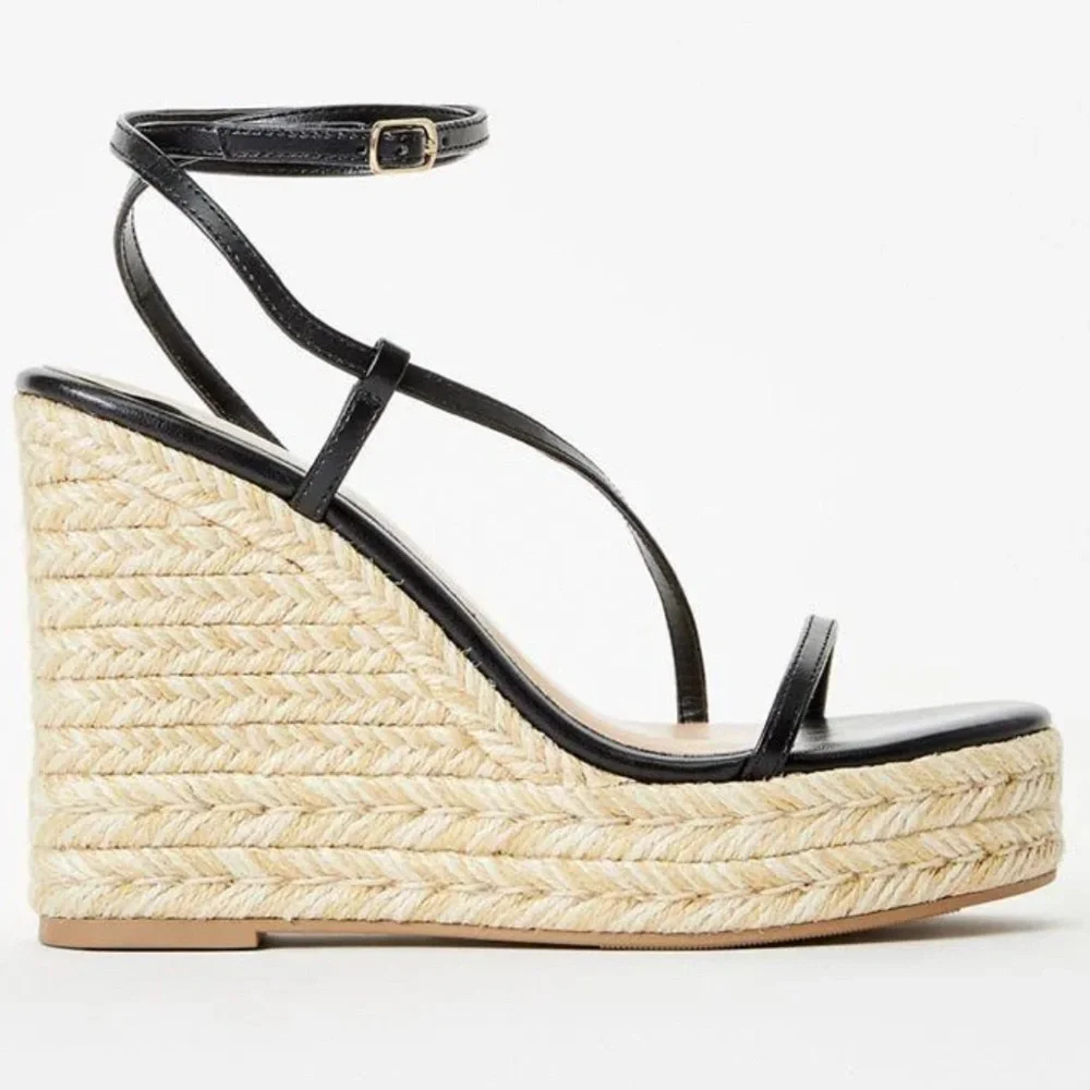 Black Strappy Espadrille Platform Wedge Sandals